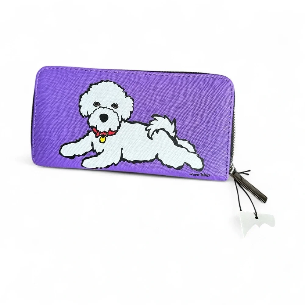 🎁 NWT Marc Tetro Bichon Frise Purple Zip Wallet – Gift Box Included